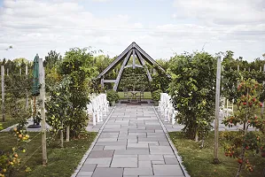 Outdoors in front of the summer house